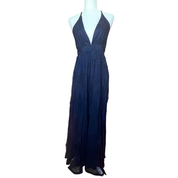 Showpo Meijel Plunge Neck Cross Back Maxi Dress In Navy Lace - Picture 2 of 15